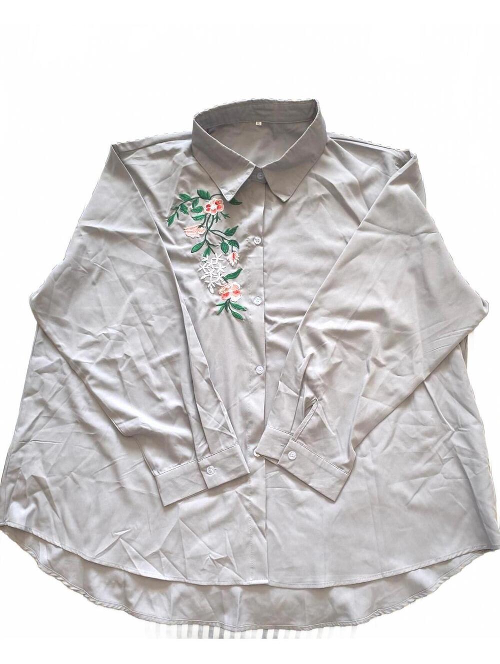 5X Grey Floral Embroidered Button Down Blouse - Long Sleeve - Stretchy